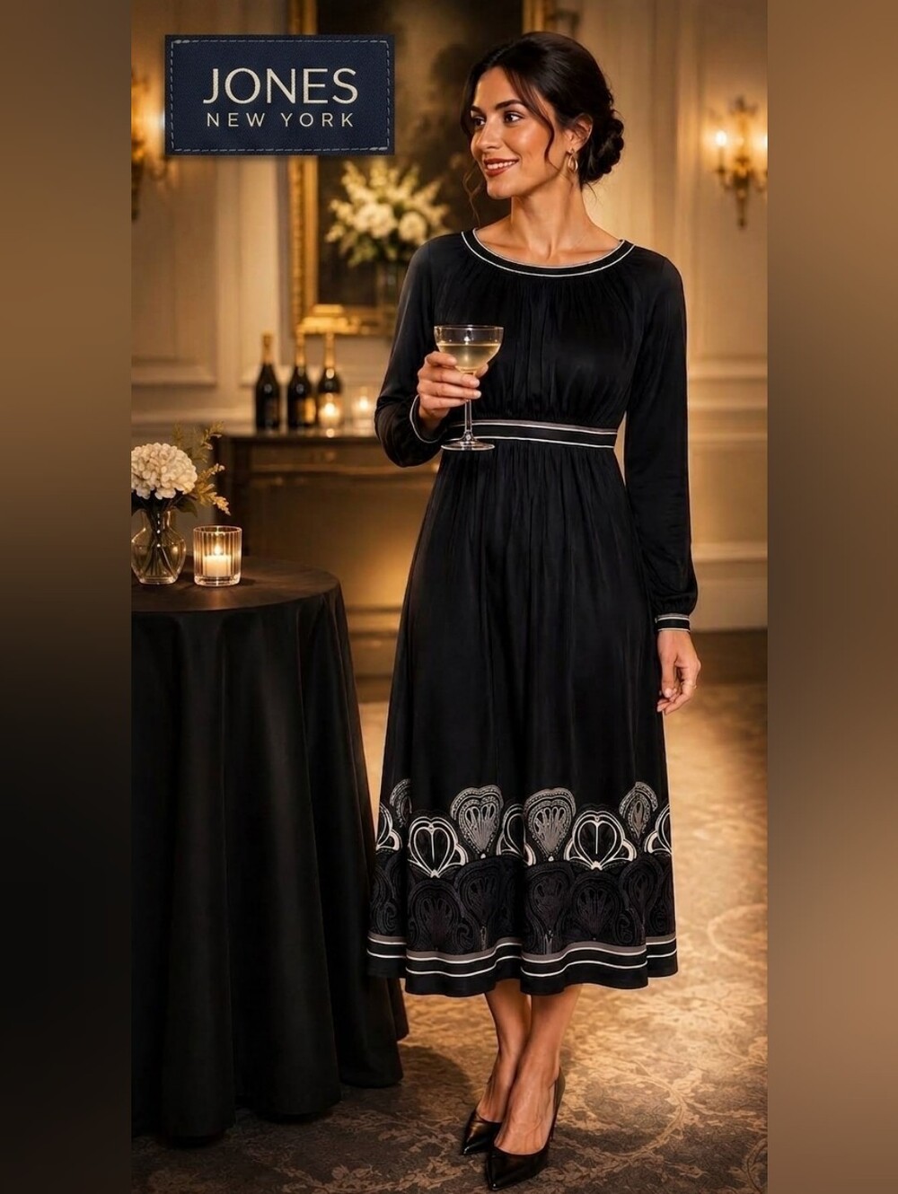 Jones New York Black Long-Sleeve Embroidered Hem Midi Dress